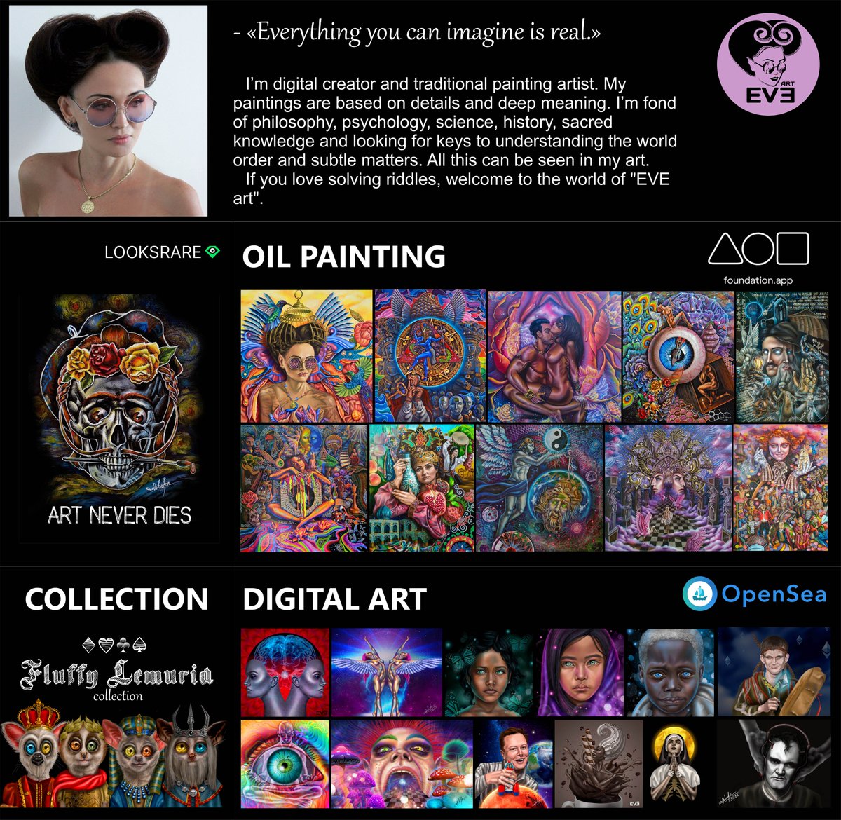 When I draw, I create my own world, my universe. As an artist, I don't need words, I use colours.
My links:
🔴 opensea.io/Eve-art
🔴 foundation.app/@eve-art
🔴looksrare.org/collections/0x…
#NFT #NFTs #NFTCommunity
