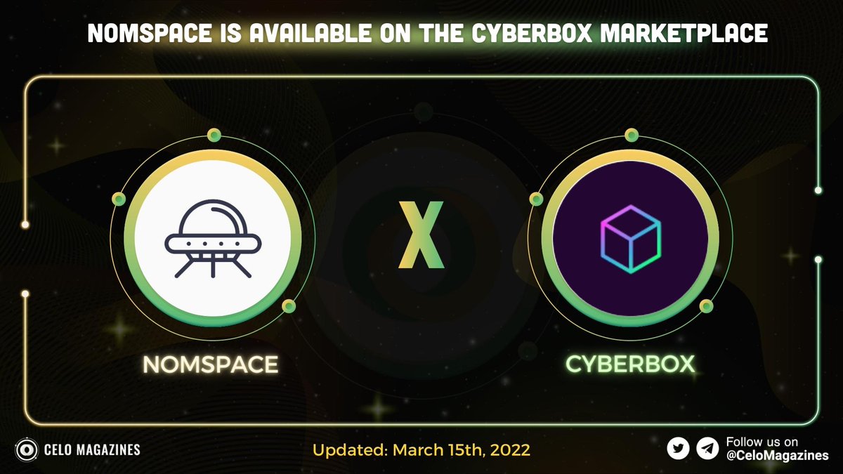 CeloMagazines's tweet photo. 🎉 @nomspace_nom is available on the @cybertime_eth marketplace

👀Come to #trade them on #Cyberbox #NFTMarketplace 

👉https://t.co/vWDj1HGUuV🎁

#CeloMagazines #CELO #NFT #nomspace #Cyberbox https://t.co/W7HanogIi3