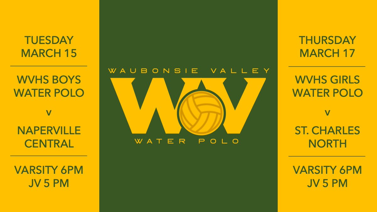 Awesome opportunity to see some ORCA Water Polo alumni at home at WVHS this week! Tuesday the Boys face off against division rival Redhawks. Then on Thursday, the Girls have a St. Patrick's showdown vs. St. Charles North at home.

JV starts at 5P, Varsity finishing it off at 6P.