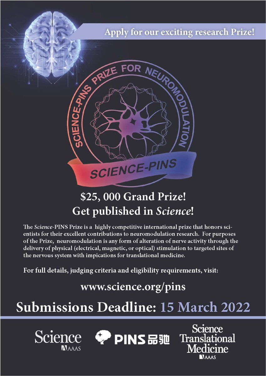 ScienceMagazine's tweet photo. 🚨 Final call to apply for the 2022 Science & PINS Prize for #Neuromodulation, which is awarded for research that modulates neural activity through physical stimulation of targeted sites in the nervous system.
Learn more: https://t.co/Aqv2k5ruO3 #SciencePrizes https://t.co/JBkRYnNwlm