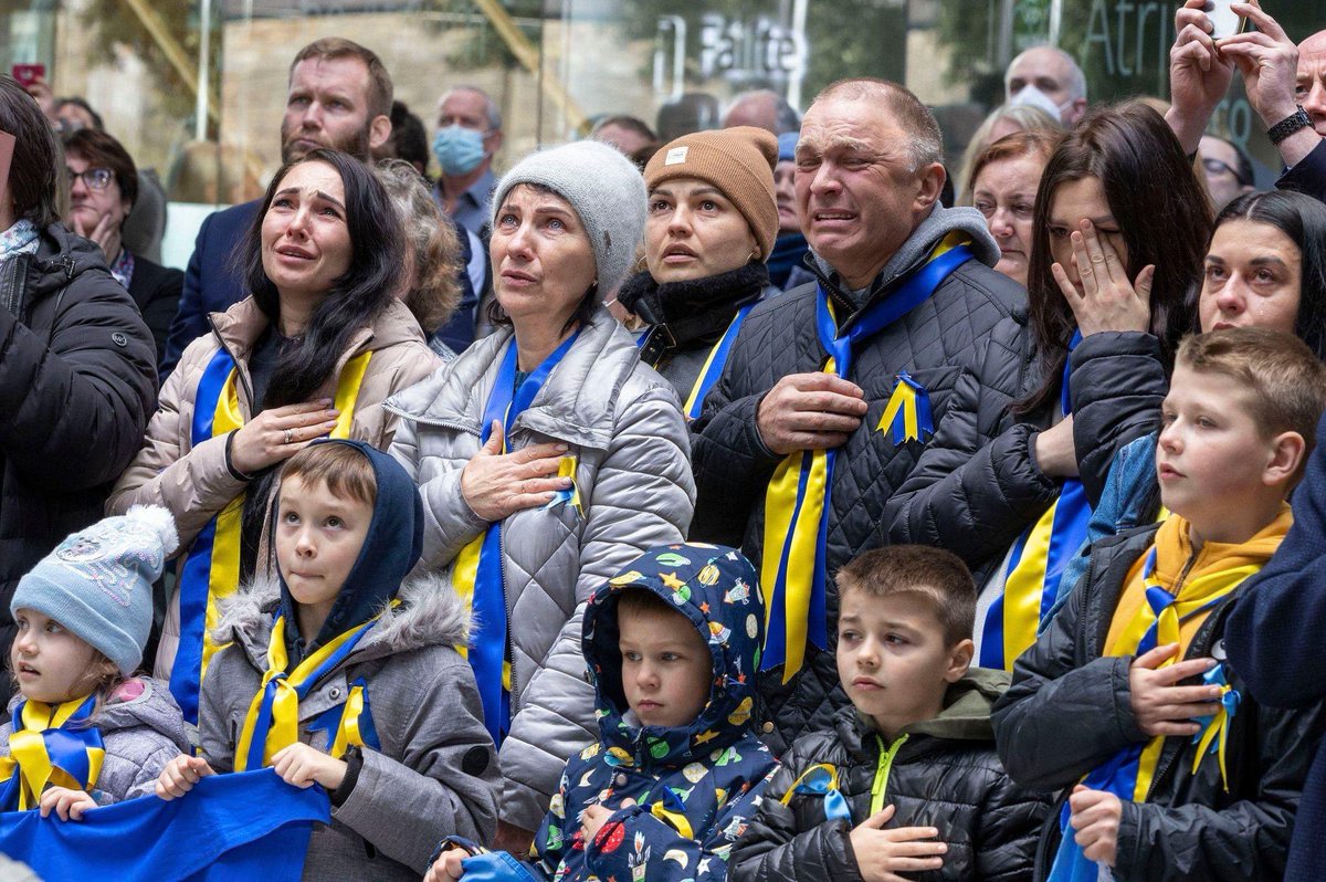 lukeacorkery's tweet photo. What a photo. 

Powerful scenes as the Ukrainian flag was raised at @Fingalcoco in Swords earlier, in the presence of members of the Ukrainian community.

Look at their faces; their pride in their country. I’m so, so sorry to watch what’s being done to it. 💔🇺🇦 https://t.co/wPV6fKBWfI