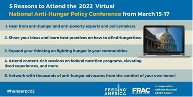 hunger's tweet photo. There are less than 24 hours until @hunger, @fractweets, &amp; @CACFPForum kick off the 2022 National Anti-Hunger Policy Conference – &amp; you can still register! 

Learn from best-in-class experts, policy leaders, &amp; more on ending hunger for good: https://t.co/uLKGnh3MRH #hungerpc22 https://t.co/EhxzbChr5X