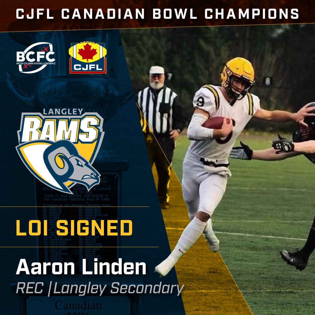 We're happy to have this receiver from Langley Secondary sign his letter of intent. Welcome Aaron Linden to the Langley Rams. #CJFLCanadianBowlChampions <a href="/BCFC_Media/">BCFootballConference</a> <a href="/CJFLnews/">CJFL News</a>