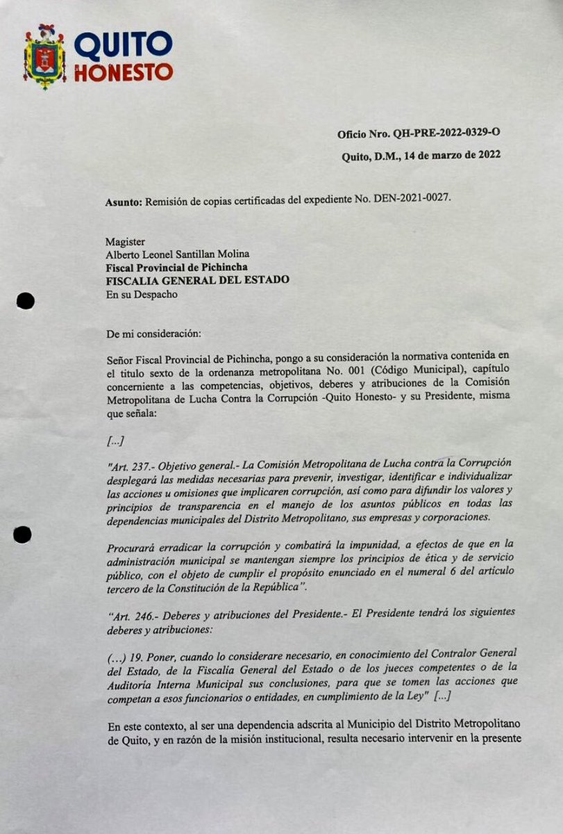 quitohonesto's tweet photo. 🗞Quito Honesto presentó ante la Fiscalía Provincial de Pichincha, aportes para la investigación previa respecto a la presunta entrega y posterior devolución de USD 10.000, a cambio de cupos en una cooperativa de taxis de Quito. En este link el boletín:
🔗https://t.co/pbeSo0HV2u https://t.co/BNRYOucPM9