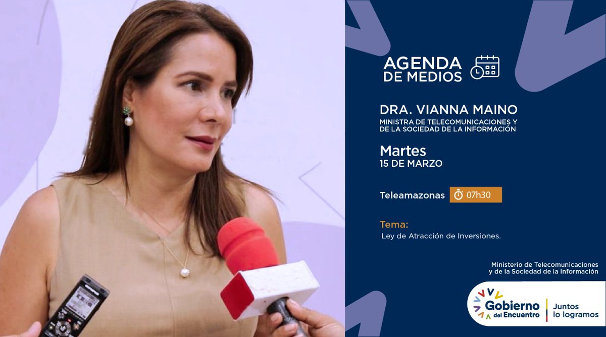 Telecom_Ec's tweet photo. #EnMedios | La ministra @vmaino dialogará este martes en @teleamazonasec sobre la Ley #InversiónPorElEmpleo.

Te invitamos a seguir este diálogo.
⏰ 07:30
💻 https://t.co/xhTcTd0OMp
➡️ https://t.co/cqcN5nzYKS https://t.co/62VKJu9kG2