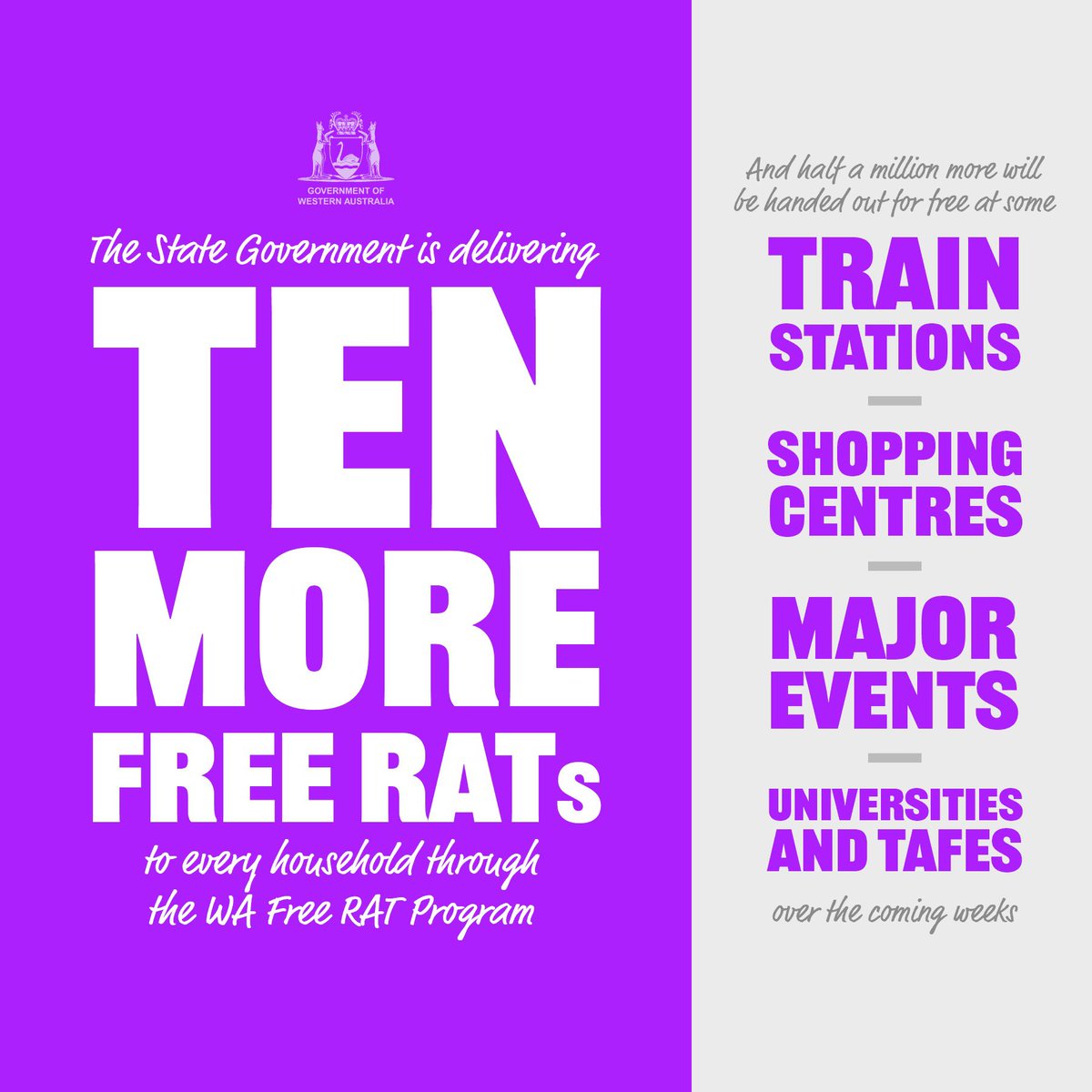 MarkMcGowanMP's tweet image. Massive news for West Aussies: under the next phase of our Australian-first WA Free RAT Program, every household will receive 10 more free RATs – on top of the five already announced.