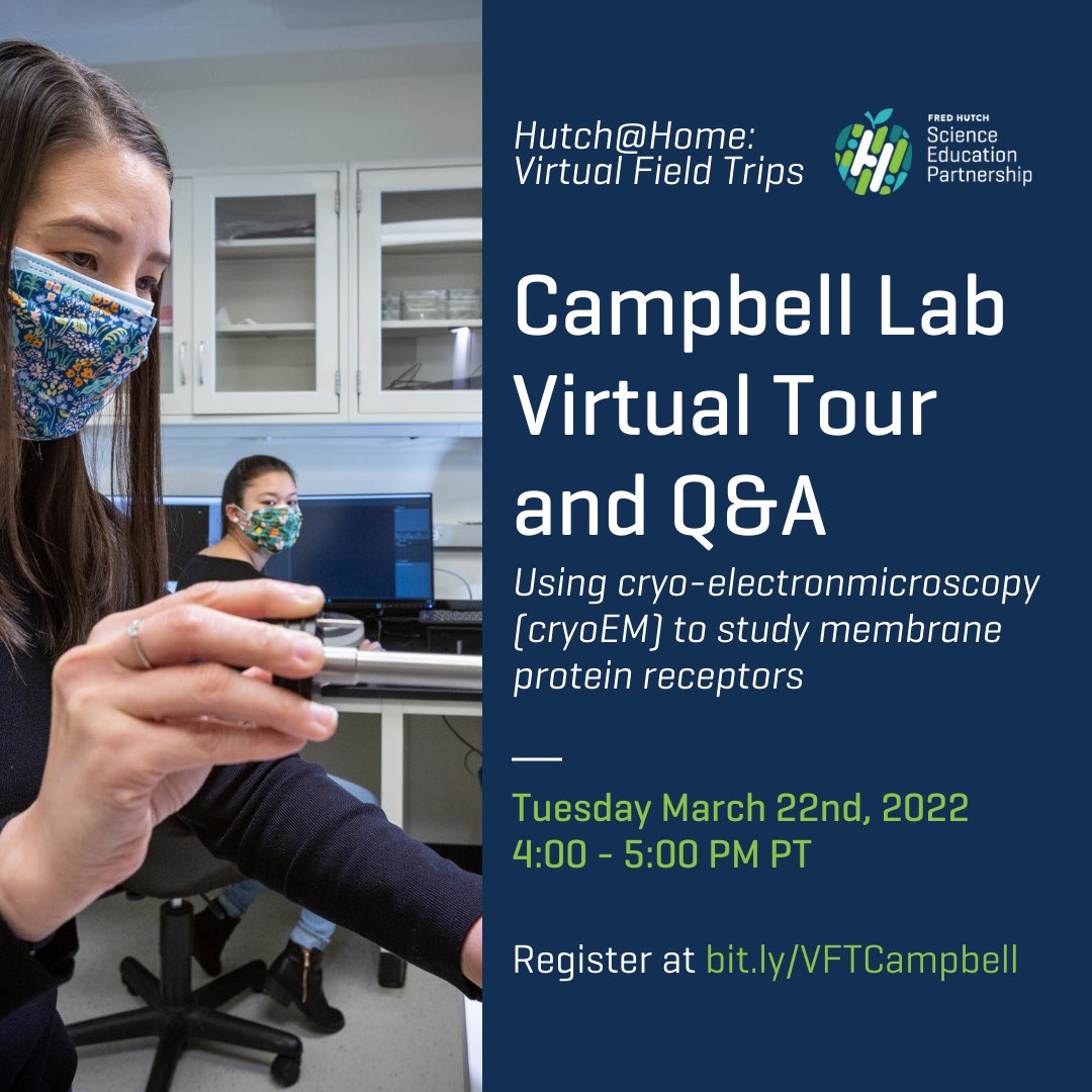 SciEdHutch (@sciedhutch) on Twitter photo Join us Tuesday March 22nd for our Hutch@Home Virtual Field Trip to the <a href="/fredhutch/">Fred Hutch Cancer Center</a> Campbell Lab! After the lab tour we will have a live Q&A session with members of the lab.
The Campbell lab studies how cells communicate and using a technique called cryo-electronmicroscopy. Join us Tuesday March 22nd for our Hutch@Home Virtual Field Trip to the <a href="/fredhutch/">Fred Hutch Cancer Center</a> Campbell Lab! After the lab tour we will have a live Q&A session with members of the lab.
The Campbell lab studies how cells communicate and using a technique called cryo-electronmicroscopy.