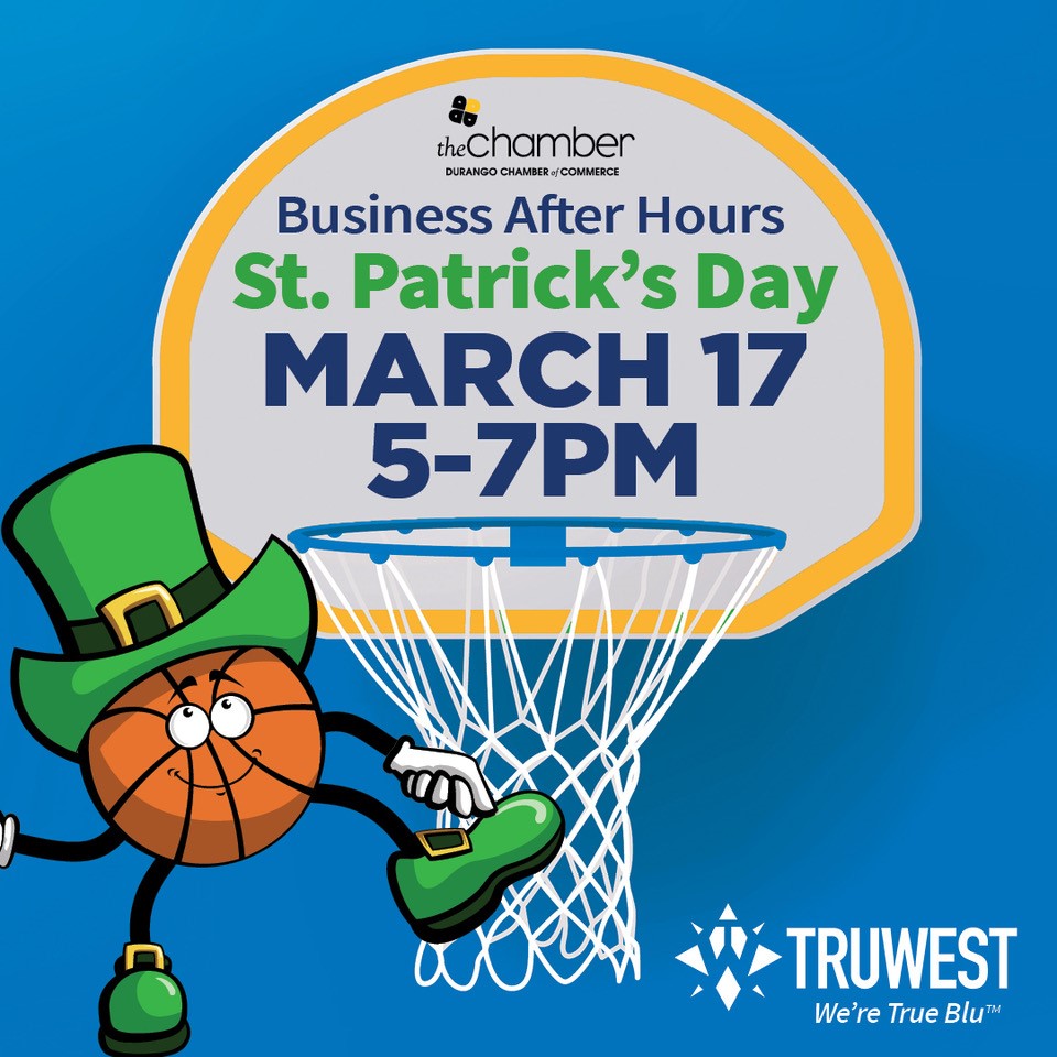 Join us for Business After Hours this Thursday!  Celebrate St. Paddy's Day &amp; March Madness with us at TruWest Auto!  Connect with Durango's business leaders and community members.  Don't miss this fun event!  Pre-register &amp; save bit.ly/3i4Tere
#DurangoChamber #buylocal