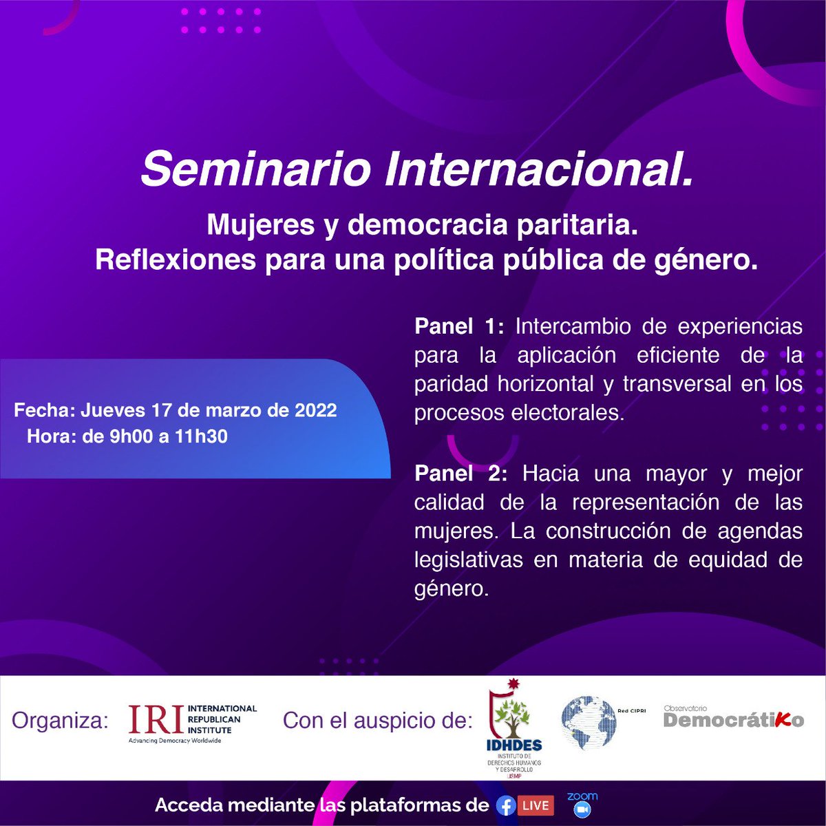 TovarichAlfredo's tweet photo. #IMPERDIBLE 😉

🙋🏻‍♀️ Seminario Internacional. #Mujeres y #DemocraciaParitaria. Reflexiones para una política pública de #género ♀️.

Regístrate gratis https://t.co/6YR354rC4n

📅 jueves 17 de marzo 2022
⏲ 9h00 a 11h30
📡 Transmisión #FacebookLive y Zoom. https://t.co/tAYs6m9OFQ