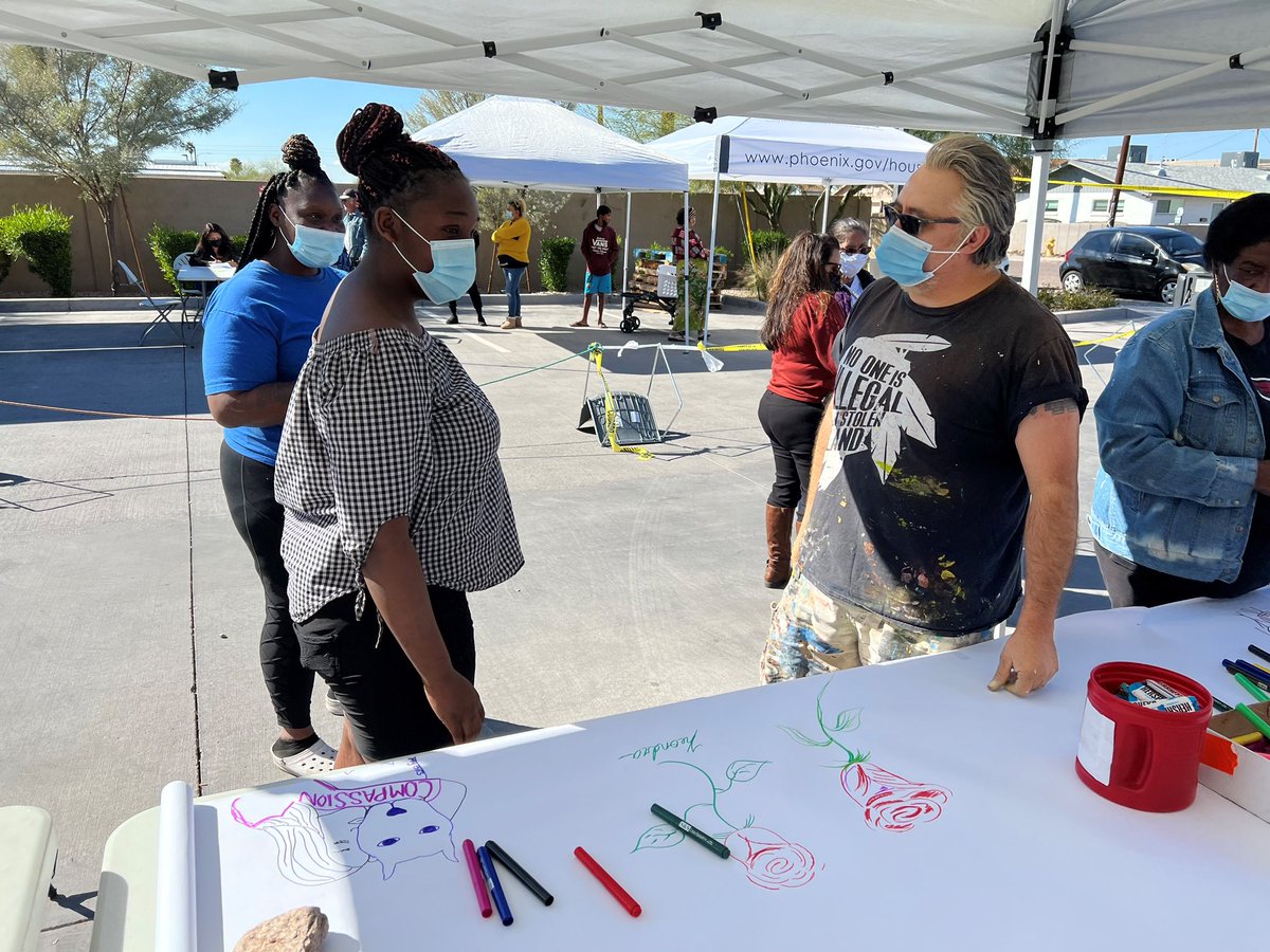 PHXHousing's tweet photo. By listening to the stories of Edison-Eastlake residents and community members, accomplished artist, Hugo Medina will conceptualize the design for 2 vibrant, expressive murals at Soluna Apartments. #publicart #HugosArt #communityengagement https://t.co/cdJBGzYyhT