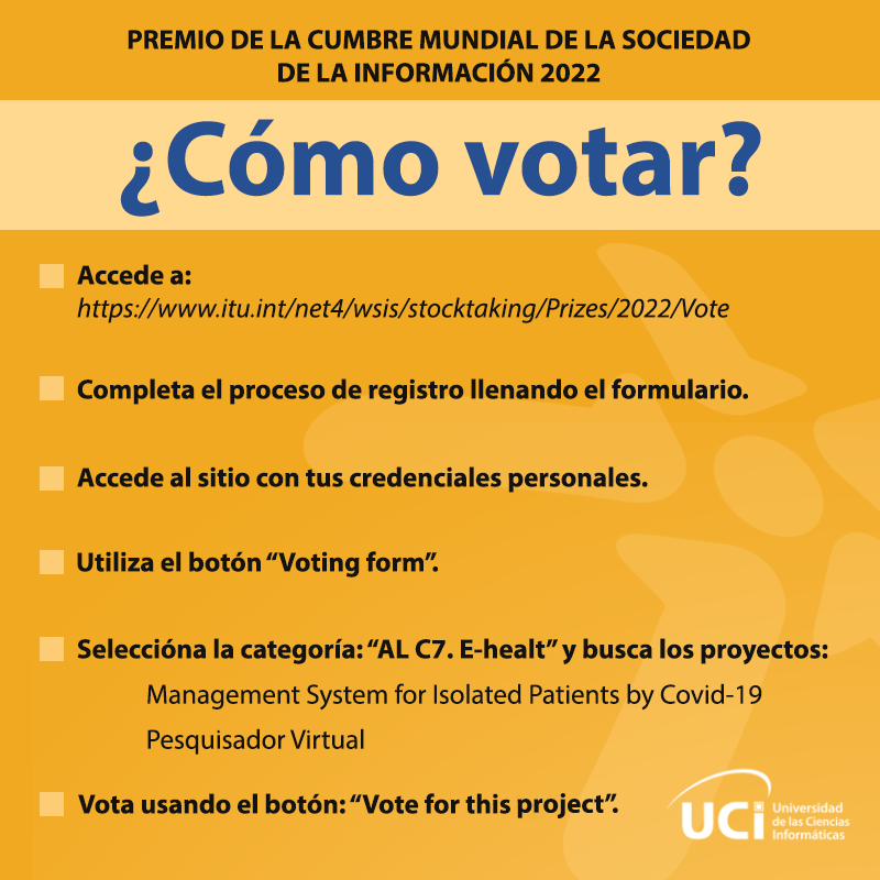 ¡Estamos muy entusiasmados! Dos proyectos desarrollados por jóvenes de nuestra universidad, están nominados a los Premios de la Cumbre Mundial de la Sociedad de la Información #WSIS 2022. ¡Apóyanos con tu voto!👉 cutt.ly/WSISPrizes <a href="/DiazCanelB/">Miguel Díaz-Canel Bermúdez</a> <a href="/raydelmp/">Raydel Montesino Perurena</a> <a href="/CubaMES/">MES</a> <a href="/WSISprocess/">World Summit on the Information Society (WSIS)</a>