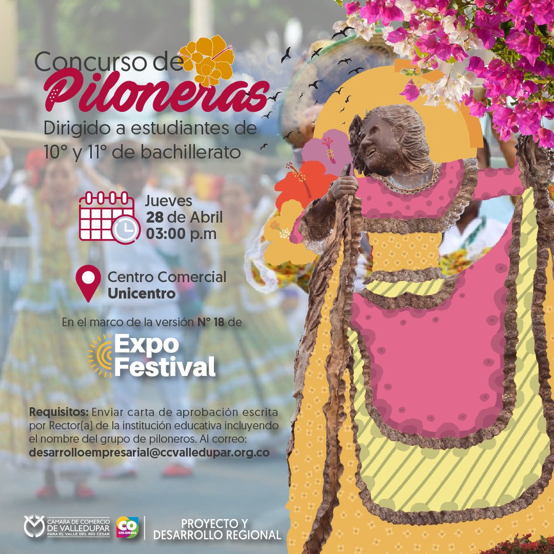 CCVALLEDUPAR's tweet photo. La Cámara de Comercio de Valledupar invita a todas las instituciones educativas a que participen en el concurso de piloneras que se llevará a cabo en el marco de la Versión N°18 de Expofestival.  En dicho evento podrán participar estudiantes de décimo y undécimo grado. https://t.co/KOAh3kXNMz