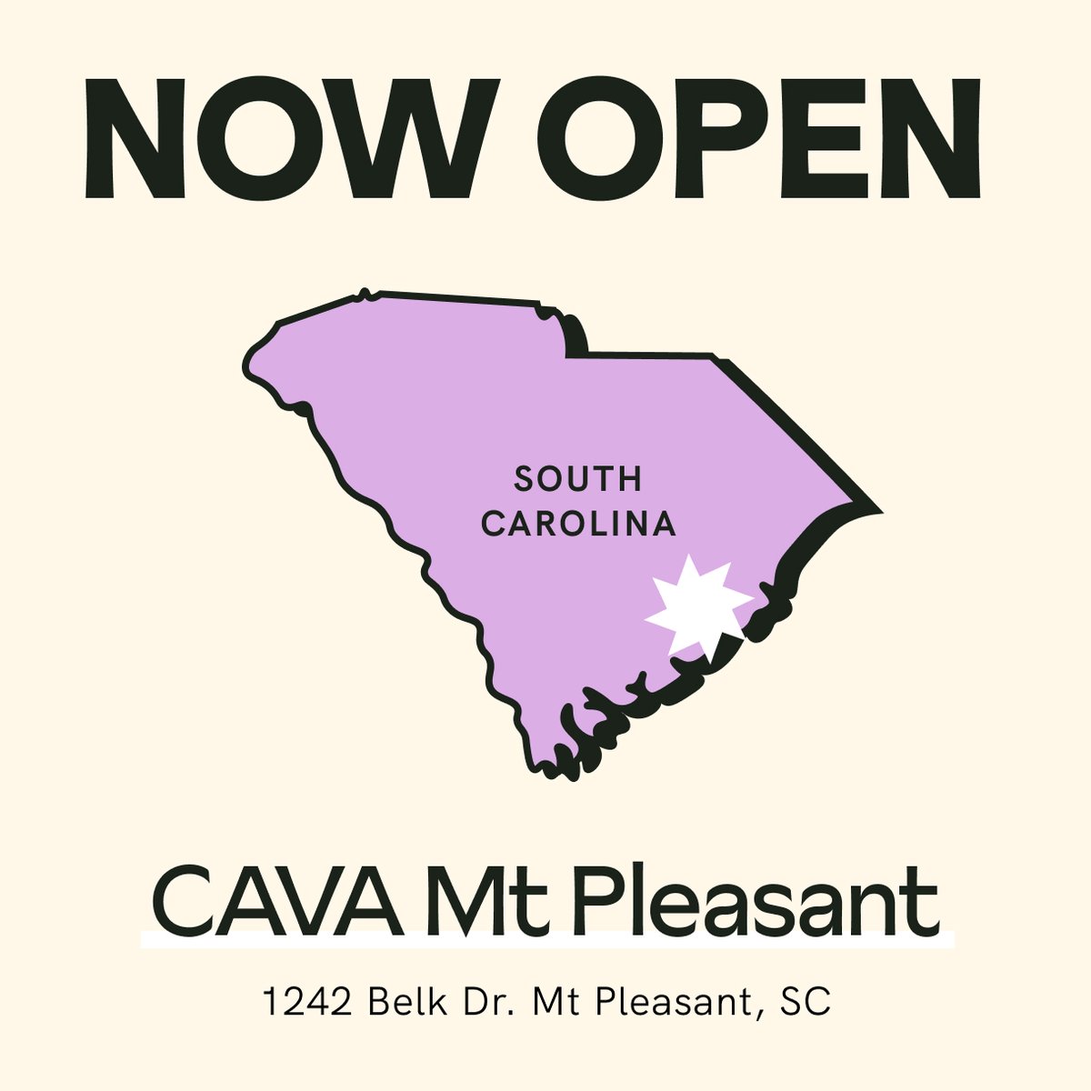 cava's tweet photo. South Carolina! CAVA Mount Pleasant is here. You can now find us (and our hummus) at 1242 Belk Dr. Mt Pleasant, SC. We can't wait to see you! https://t.co/cVNiZcA3jA