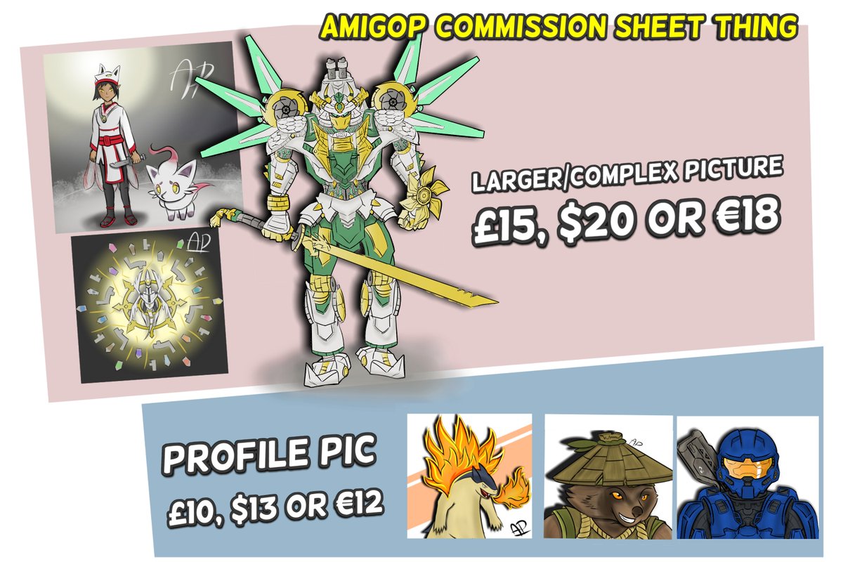 AmigoP247's tweet photo. Hiya! Since money's been a bit tough lately, I'm opening up some commissions for if anyone wants some art! 

I'm flexible with prices too, so feel free to drop me a message :) https://t.co/uPcmZaui7k