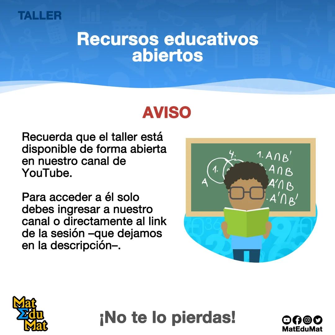 MatEduMat's tweet photo. ¿𝗧𝗲 𝗹𝗼 𝗽𝗲𝗿𝗱𝗶𝘀𝘁𝗲? 😯🤔
No te preocupes. El taller "Recursos educativos abiertos" está disponible de forma abierta en YouTube.

🔗Ingresa a nuestro canal (https://t.co/qXgyJcM0CR) o directamente a: https://t.co/DCchl6Wkh5

¡No te lo pierdas! 😉
#MatEduMat https://t.co/EszzAbdkiq