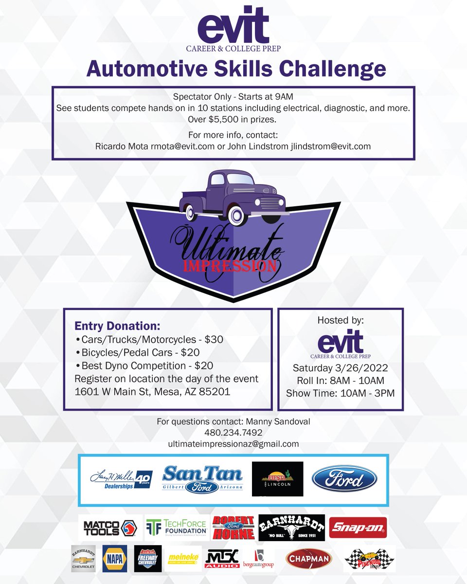 EVITnews's tweet photo. We invite you to see students compete the EVIT Automotive Skills Challenge on Sat., Mar. 26, starting at 9 a.m. at the EVIT Main Campus in Mesa. There will also be the Ultimate Impression car show starting at 8 a.m. See the flyer for details. #EVITSkillsChallenge #WeAreEVIT https://t.co/woLobA10Bz