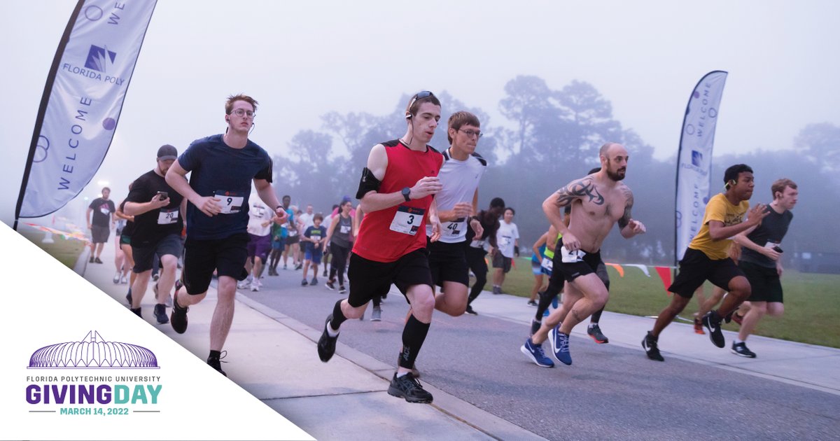 FLPolyU's tweet photo. The Florida Poly Pi run begins in one hour! 🏃‍♀️ 🏃‍♂️ The academic department, student club, or scholarship that receives the most gifts between 8 and 9 p.m. (during the 5K) will be awarded an additional amount - up to $1,000. https://t.co/npzfTDDyzM #FLPolyGivingDay #FLPolyPiRun 🥧 https://t.co/cYH4amJBN2