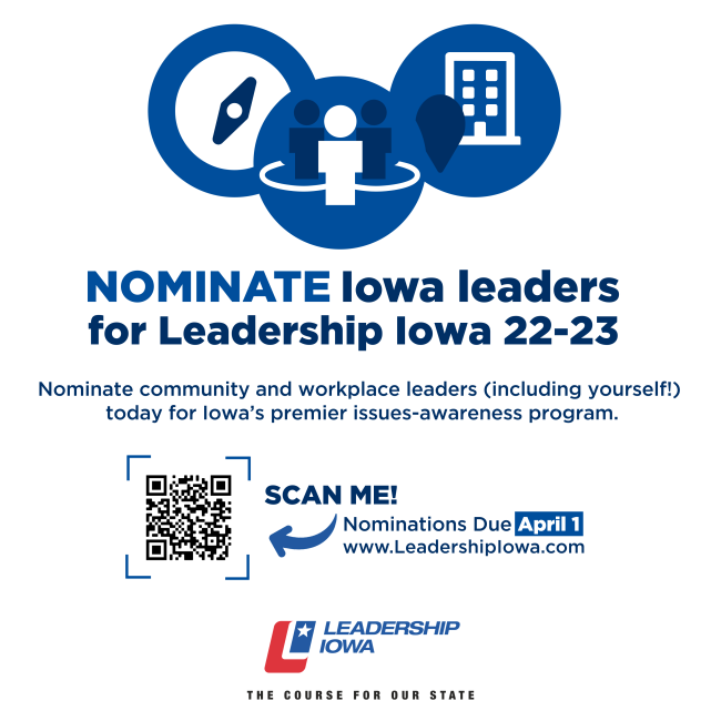 lakescorridor's tweet photo. Leadership Iowa nominations are open for you to nominate community and workplace leaders for this statewide program. Learn more: https://t.co/hiGYG9WUOt
#LeadershipIowa https://t.co/LXdUQvFEfG