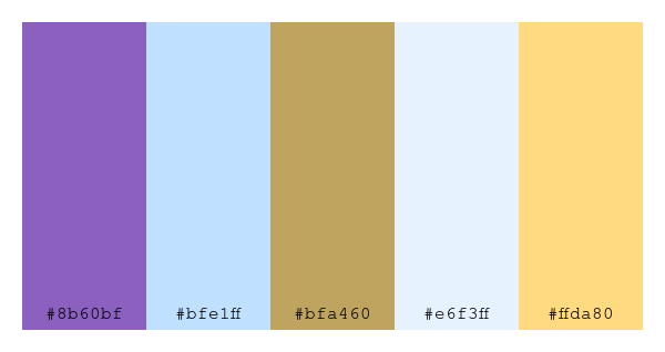 ColPaletteBot's tweet photo. Beep beep, here's a pretty color palette for you!
color-scheme.js parameters used:
- hue: 77
- variation: light
- colors: #8b60bf, #bfe1ff, #bfa460, #e6f3ff, #ffda80
Have a lovely evening!
#twitterbot #colorpalette #colors #palette #prettycolors https://t.co/W9KBSnBi2z