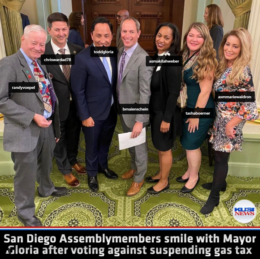 KUSINews's tweet photo. After voting AGAINST suspending the gas tax, San Diego's Assembly delegation posed for a photo with @ToddGloria.

The Republicans, @RandyVoepel &amp; @MarieWaldron75, voted in support.

Democrats @ChrisWardAD78, @TashaBoerner &amp; @AsmAkilahWeber voted against.

https://t.co/AC2lmJ4e7h https://t.co/yXNrq5PHG6