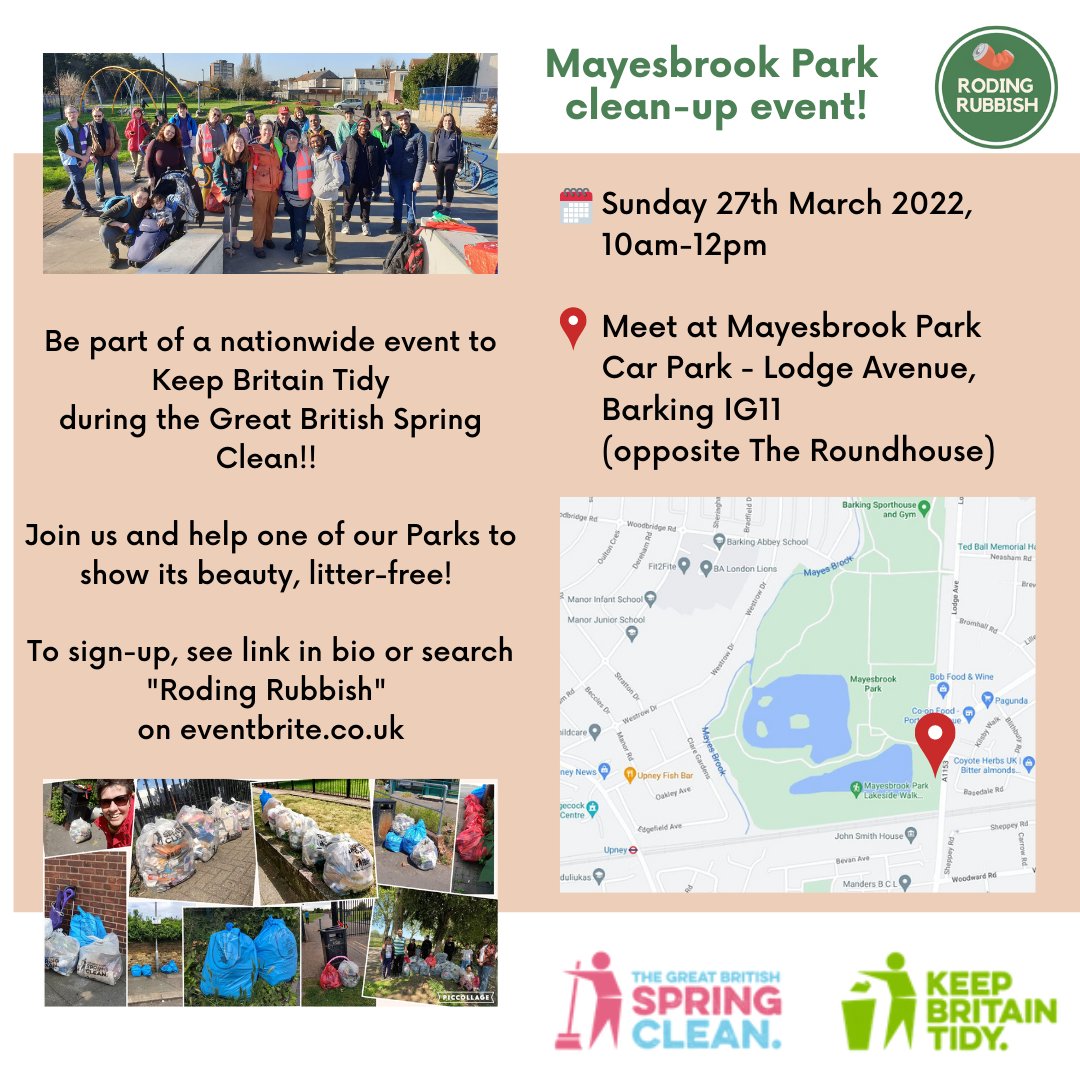 🚯Join Roding Rubbish at the Mayesbrook Park Clean-up event this March - part of Keep Britain Tidy's Great British Spring Clean.

🗓 Sunday 27th March, 10am-12pm 

📌Mayesabrook Park Car Park, Lodge Avenue, Dagenham, RM8 2HF

📲 Sign up and full details eventbrite.com/e/mayesbrook-p…
