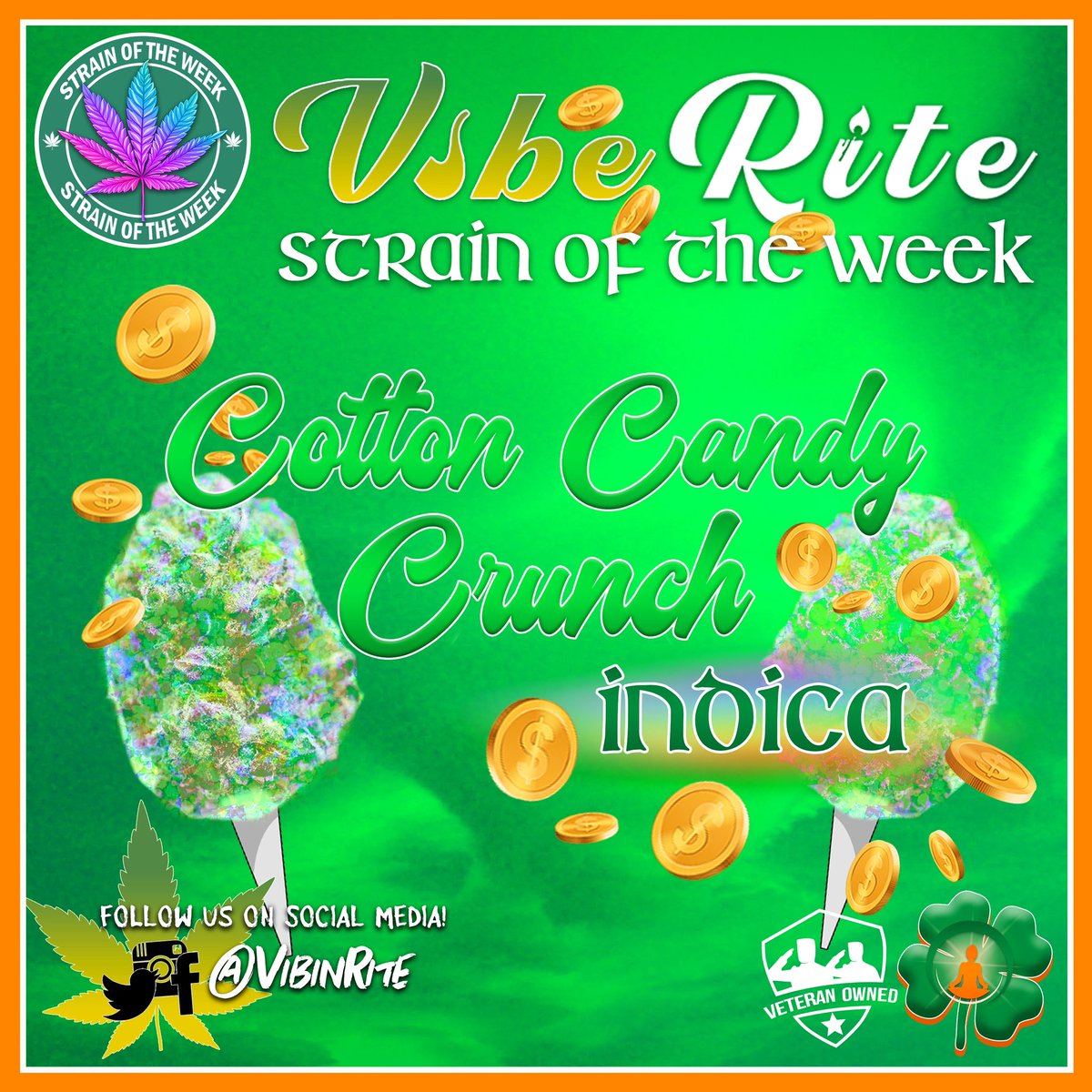 VibinRite's tweet photo. 🗣 Strain of the Week: Cotton Candy Crunch 🍬🍀

This week’s #SOTW is an Indica 😴 

Check out where you can find #VibeRite on our website 🔗 in bio ! 

#VibinRite #CottonCandyCrunch #VeteranOwned #Veteran #Veterans #Cannabis #Oklahoma #StrainOfTheWeek #Indica https://t.co/7HgZPeEC3z
