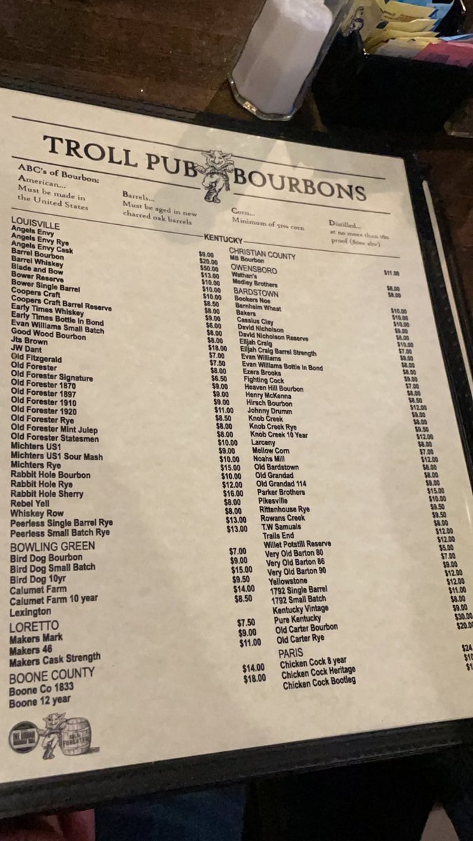 Maybe if I send <a href="/HackingDave/">Dave Kennedy</a> a picture of the Troll Pub bourbon list, he’ll bring back <a href="/DerbyCon/">DerbyCon</a> 🙏