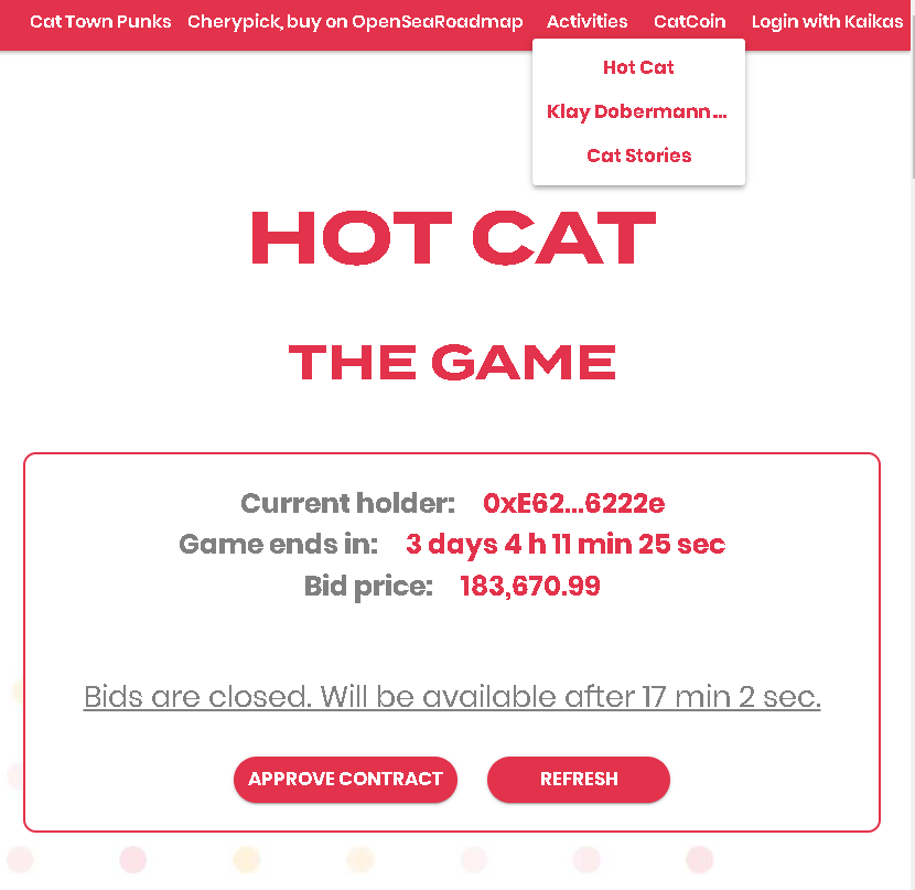 CryptoWadget's tweet photo. CATC will be returned when the game is over
with 20% increasing amount !!
광클 자신있으면 드루와 ~ HOTCAT 매시간 도전
https://t.co/BcUHCCbu6C
이게 된다고 ?
레전더리 채굴을 넘어서는 CATC 불리기 !
#BiddingGame #AuctionGame #NFT #Klay
#NFTCommunity https://t.co/k0RZEImmmH