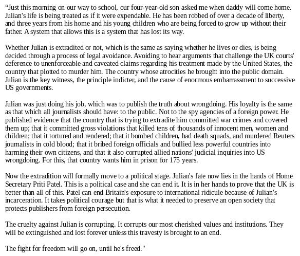 wikileaks's tweet photo. Statement from Julian Assange fiancee Stella Moris following this weeks UK Supreme Court refusal to hear the #WikiLeaks founders appeal: "The cruelty against Julian is corrupting. It corrupts our most cherished values and institutions" #FreeAssangeNOW https://t.co/7JlMTAGdBe