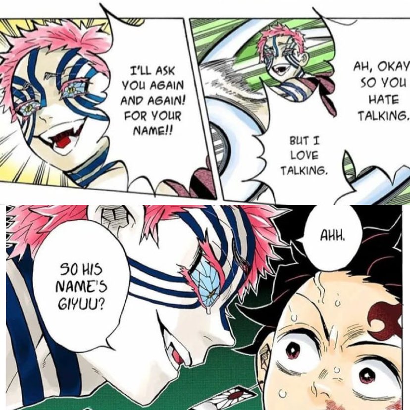 ObigoatO's tweet photo. Can we just talk about how Akaza was folding  Giyu and Tanjiro over a damn name 😭.. And it’s not like he was even trying at first to.  Note if akaza took the fight seriously at the start he most likely would wash them💯 https://t.co/L3RG5VTY12