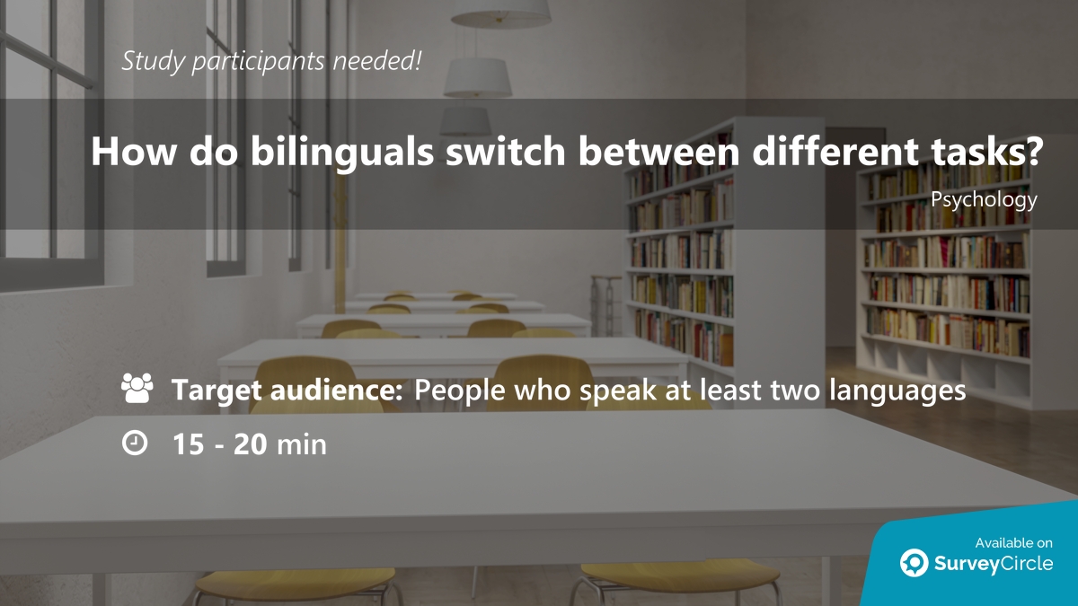 daily_research's tweet image. Participants needed for online survey!

Topic: &quot;How do bilinguals switch between different tasks?&quot; surveycircle.com/XSK8GR/ via @SurveyCircle

#bilingualism #LanguageSwitching #TaskSwitching #tasks #SwitchingTasks #study #survey #surveycircle