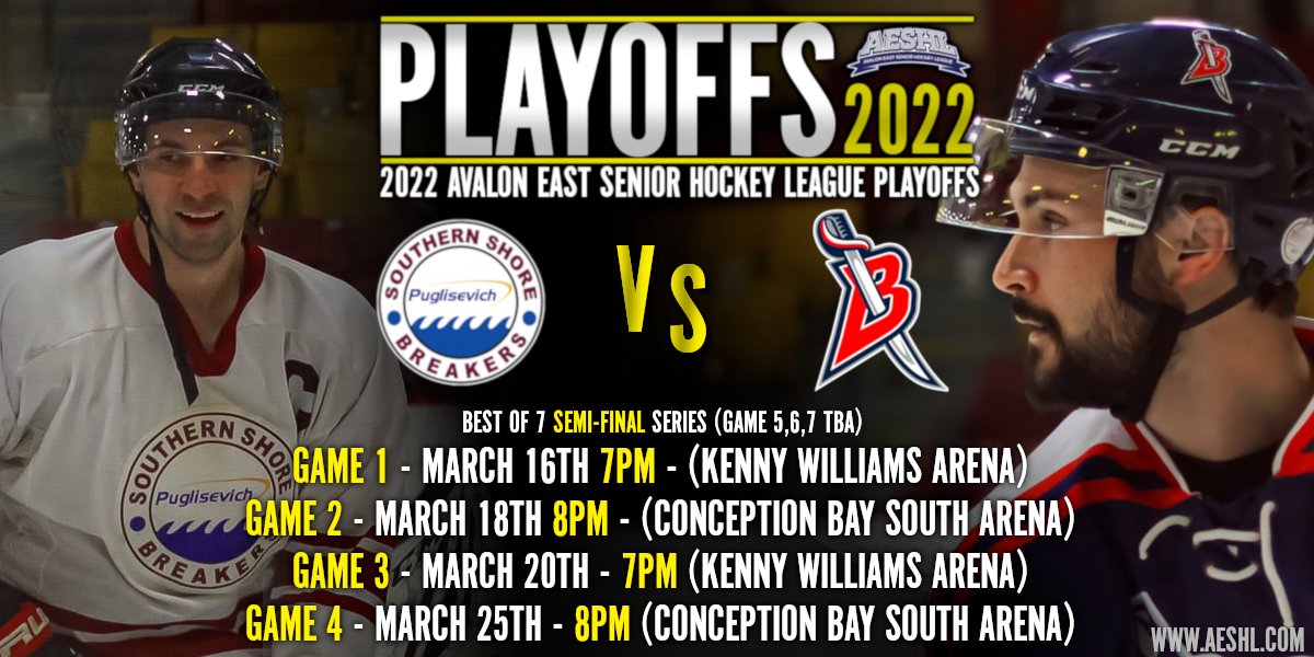 Semi-final action starts this Wednesday night in Mobile, when Captain Kyle Tibbo and the  <a href="/SrBluesHockey/">Conception Bay Blues</a> square off with Jermey Nicholas and his <a href="/SrBreakers/">Southern Shore Breakers</a>, game time PM.

The action switches to CBS Friday for game 2 at 8PM.

#semiFinals #AESHLPLAYOFFS