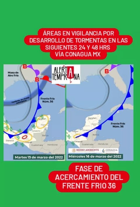 AlertaGt502's tweet photo. Actualización
Lunes 14 de marzo
La Conagua Mx estima que el Frente Frio 36 se acercará el martes 15 e ingresará el miércoles 16 de marzo generando lluvias al norte del país 📄✍️💦
#ClimaGt #TráficoGt #TránsitoGt #LluviasGt
#AsfaltoMojado #FrenteFrío36 #FF36 https://t.co/vZcy3Ep2Qd
