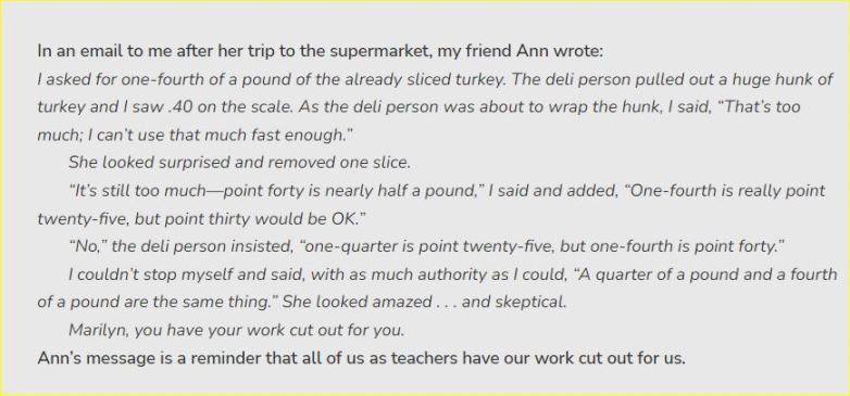 An oldie -- one of the first blogs I wrote. It's a true story from a deli. My, we still have our work cut out for us. marilynburnsmath.com/math-at-the-de…