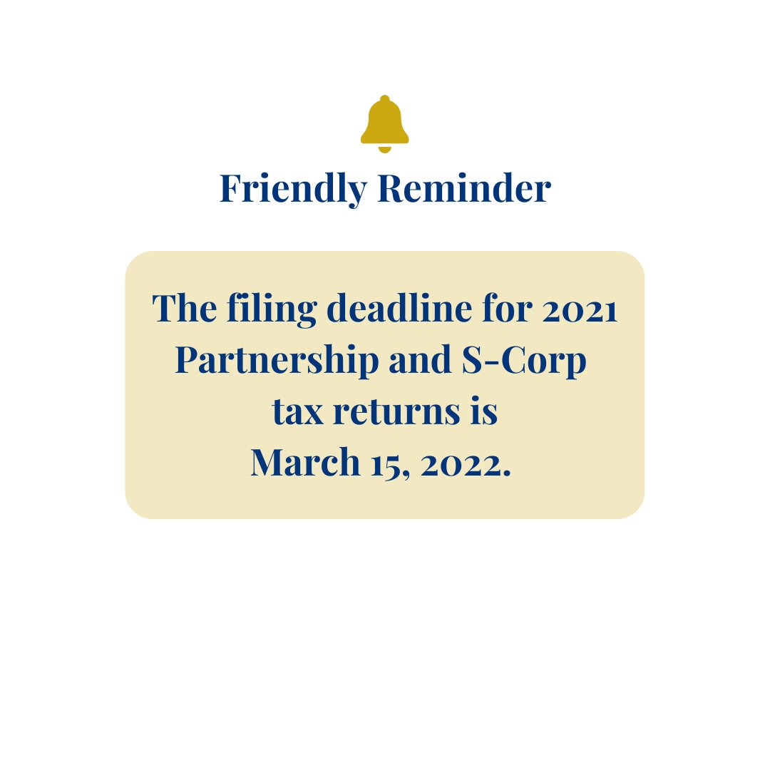 This is your friendly reminder that Partnership and S-Corp tax returns are due tomorrow, March 15, 2022. 
#taxe #Reminder