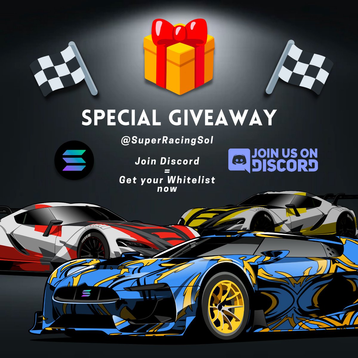 🎁 𝙉𝙁𝙏 𝙃𝙐𝙂𝙀 𝙂𝙄𝙑𝙀𝘼𝙒𝘼𝙔 ! 🎁

✅ 𝗣𝗿𝗶𝘇𝗲𝘀
🏆 3 x.1 $SOL
🏆 30 x WL

𝗧𝗼 𝗘𝗻𝘁𝗲𝗿
➡️ Follow <a href="/SuperRacingSol/">⭐️ Super Racing Sol | Q2 2022 - Metaverse P2E NFTs</a>
➡️ RT + ❤️
➡️ Join discord.gg/XntPVbsEcf (Reply Proof)

⏰Winners announced on discord in 48 hours⏰

#Solana #NFTGiveaway #Giveaways #NFT #NFTCommunity