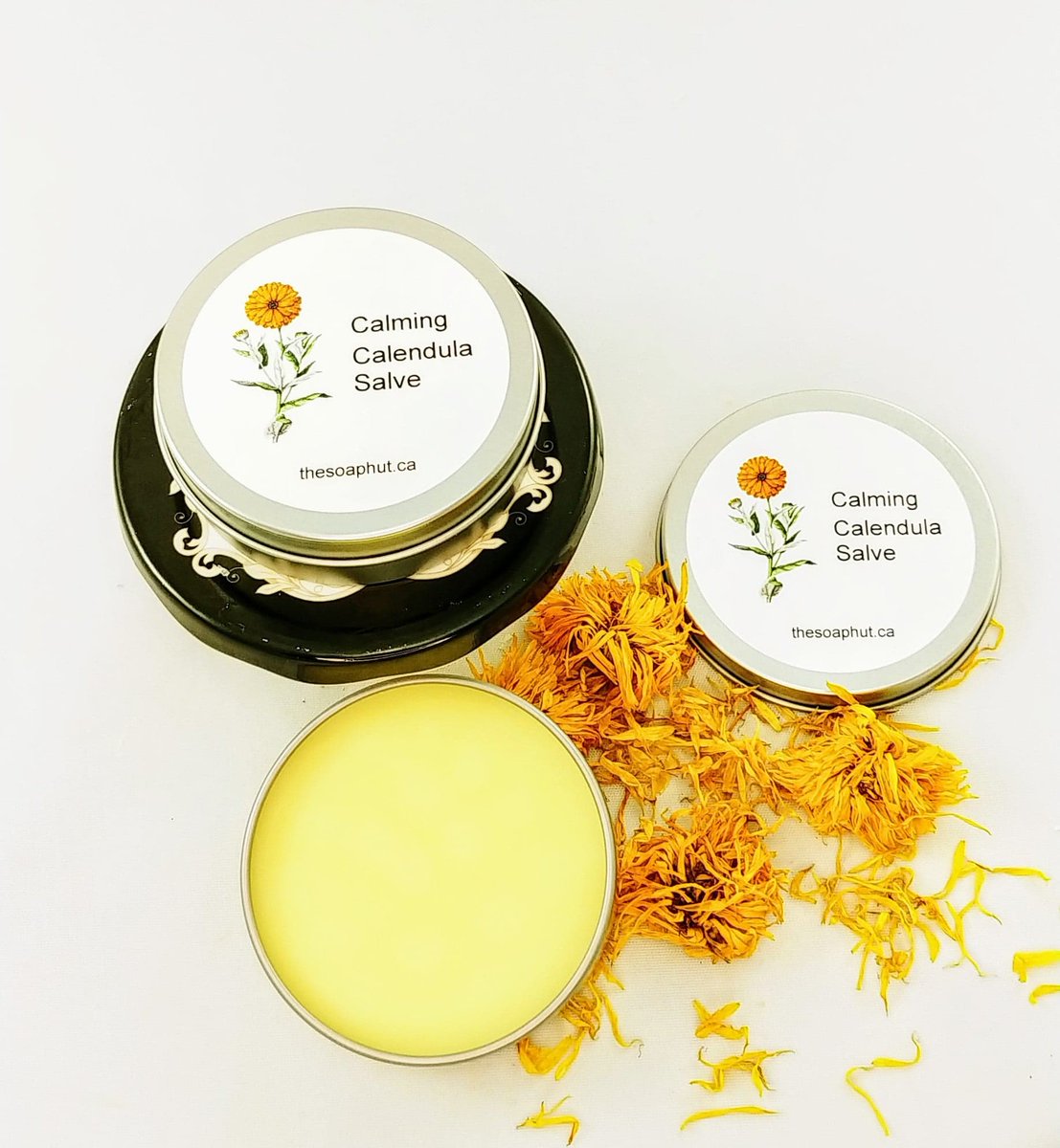 SoapHut's tweet photo. We've created our Calming Calendula Salve using our homegrown Calendula, infused it in oils &amp; added beeswax among other healthy all natural ingredients that are soothing and nourishing for your skin.  
 EO's of Lemon, Litsea Cubeba, Grapefruit, Orange, Geranium &amp; Tangerine https://t.co/AkPfasJn2Q