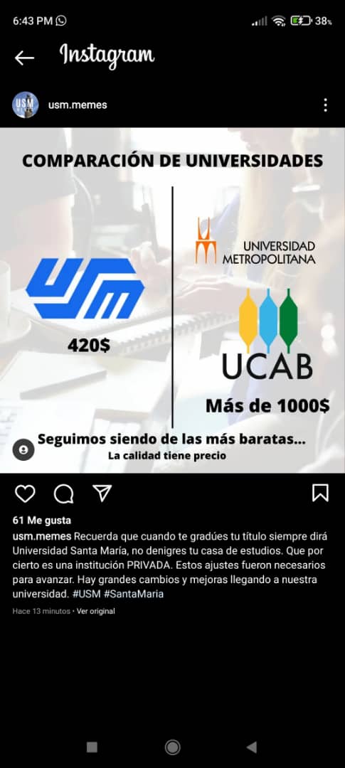 SebastinSimbaa2's tweet photo. @usm_vzla en vez de dar la cara y contestarnos como debe ser, ¿se van a rebajar a compararse con otras universidades?

#noalaumentodelsemestre 
#caosUSM https://t.co/RQXAVLrz6N