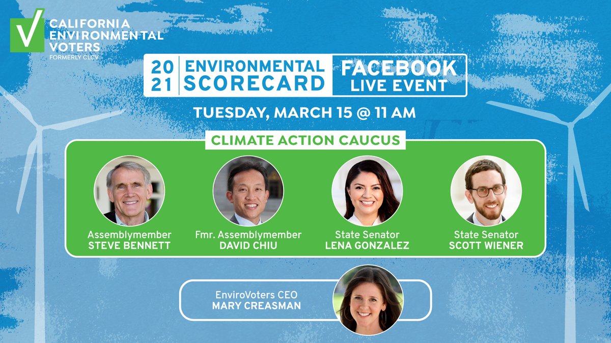 envirovoters's tweet photo. 📢 We’re going live on Facebook @EnviroVoters tomorrow, 3/15 @ 11:00 AM PT to talk our new #EnvironmentalScorecard! 

Join our CEO @marycreasman_ in convo w/ Climate Champions Sen. Lena Gonzalez, Frm. Asm. David Chiu, Asm. Steve Bennet &amp; Sen. Scott Weiner! https://t.co/cab4z3XHTv https://t.co/01Qy13UYX4