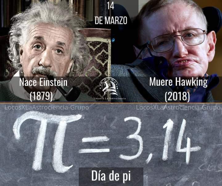 hilmuj's tweet photo. Stephen Hawking murió a la misma edad que Albert Einstein (76 años)además de que Hawking murió el día en que Einstein nació,lo que por cierto la fecha de hoy,14 de marzo es igual a la aproximación bastante cercana al valor del número pi π=3.14
Hoy 14 de marzo, como cada año,es el https://t.co/QiJFua0C4N
