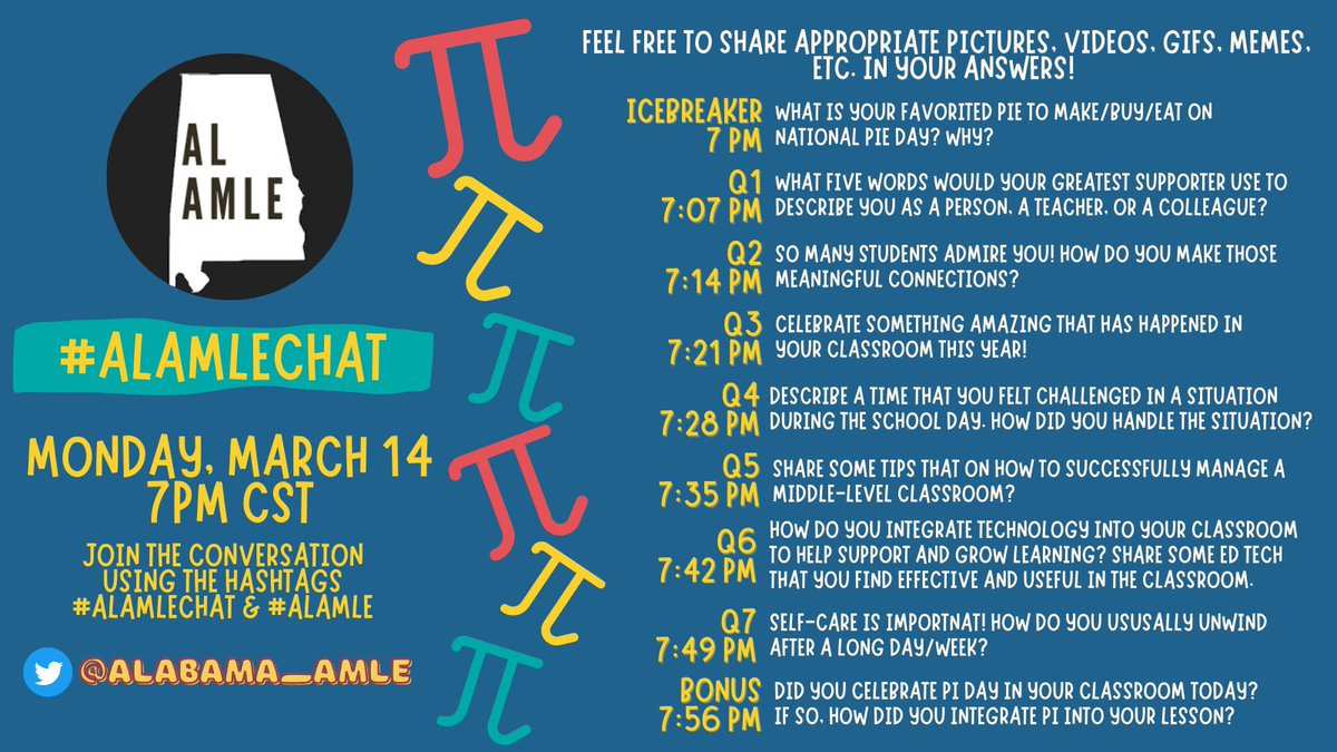 alabama_amle's tweet image. Join #MiddleSchoolMatters LIVE @ 7 PM CST!

We are following the format Q1, then you share/retweet your answer with A1 … feel free to use pics, videos, GIFs, memes, etc.

Use the hashtags #ALAMLEchat &amp;amp; #ALAMLE to join the conversation! 

#PiDay2022 #NationalPiDay #PiDay #AMLE
