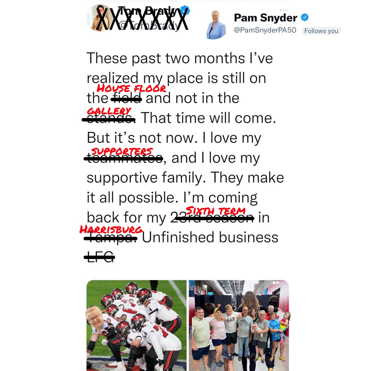 RyanBizzarro's tweet photo. Anyone else hoping and praying @PamSnyderPA50 pulls a @TomBrady?! I, for one, would 💯 support it. https://t.co/KBHOhAjLvs