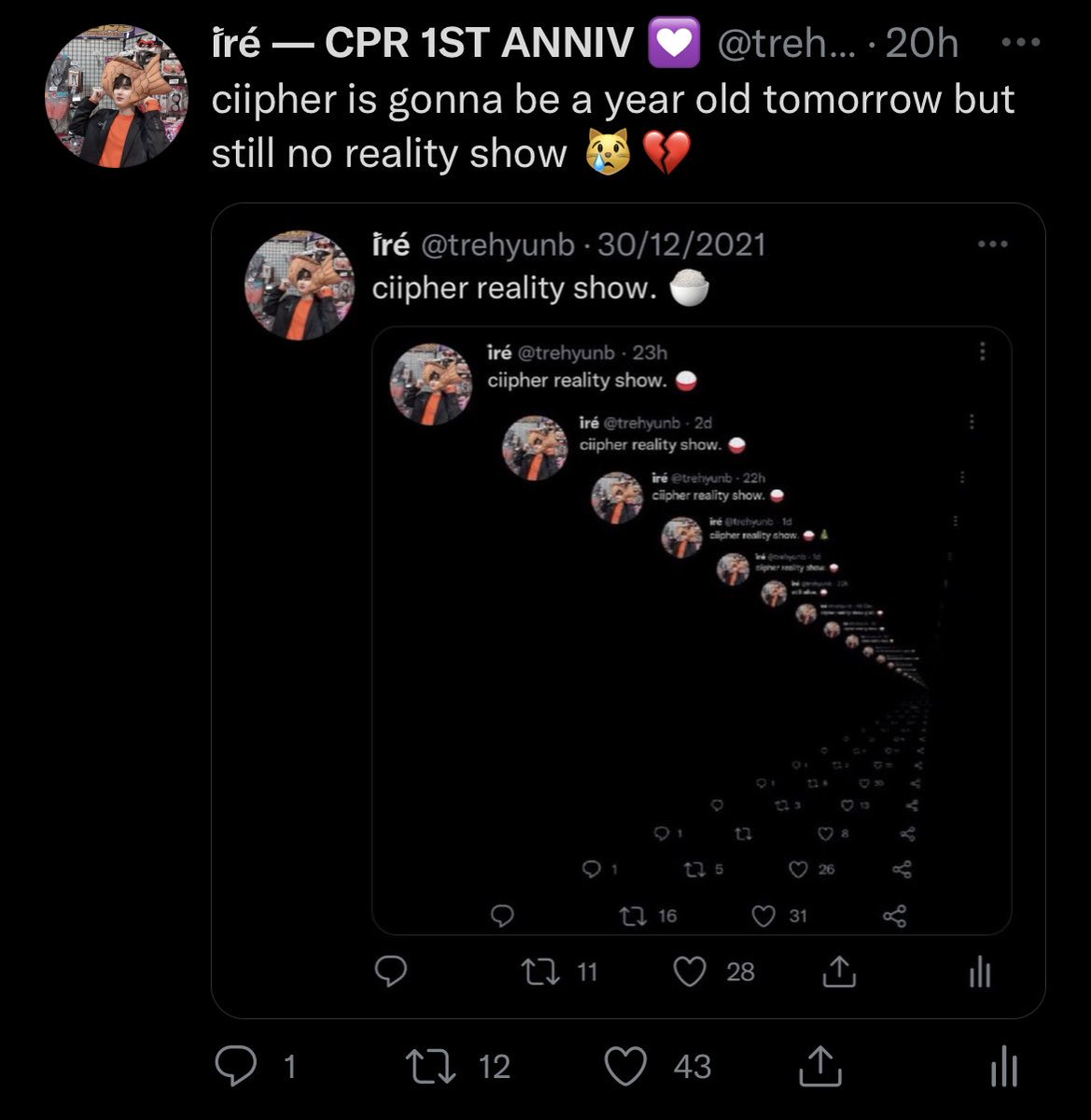 trehyunb's tweet photo. happy one year @RAIN_Ciipher ❤️‍🔥 https://t.co/qvEhbX6rfs