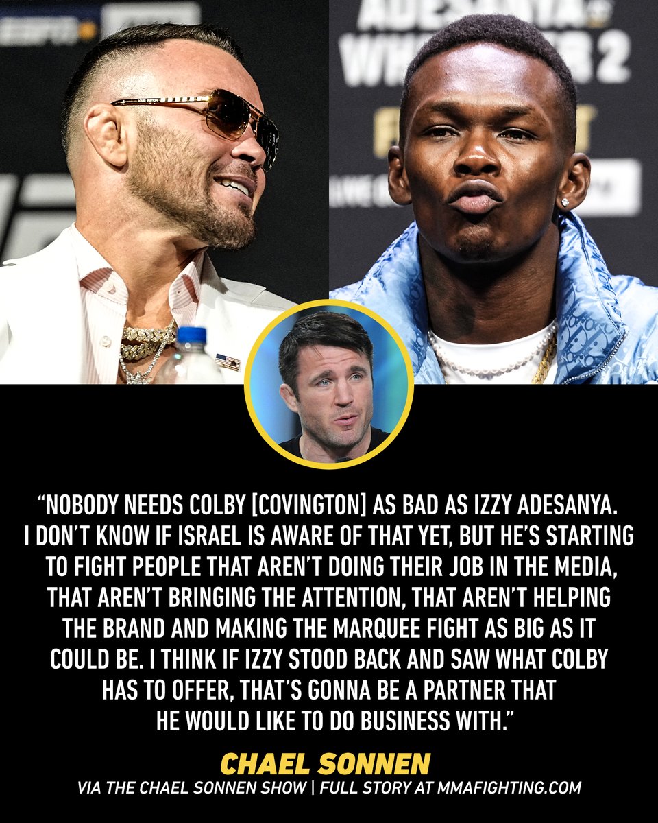 MMAFighting's tweet photo. Does Israel Adesanya "need" Colby Covington? 🤔

📰 https://t.co/k9GEISwDby https://t.co/YjkndOu8A7