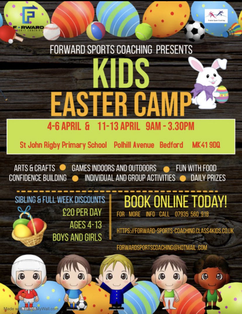 ForwardSportsC1's tweet photo. EASTER CAMP BEDFORD 
🐣⚽️🐣🎨🐣🎾🐣🍭🐣🏆🐣
At St John Rigby Primary School!! 
We have secured Monday, Tuesday and Wednesday of each week of the holidays with indoor and outdoor activities, arts and crafts, fun with food &amp; DAILY PRIZES!!
https://t.co/Zlx7ZZe6rU
#whattodoinbedford https://t.co/nDqIm18Jp6