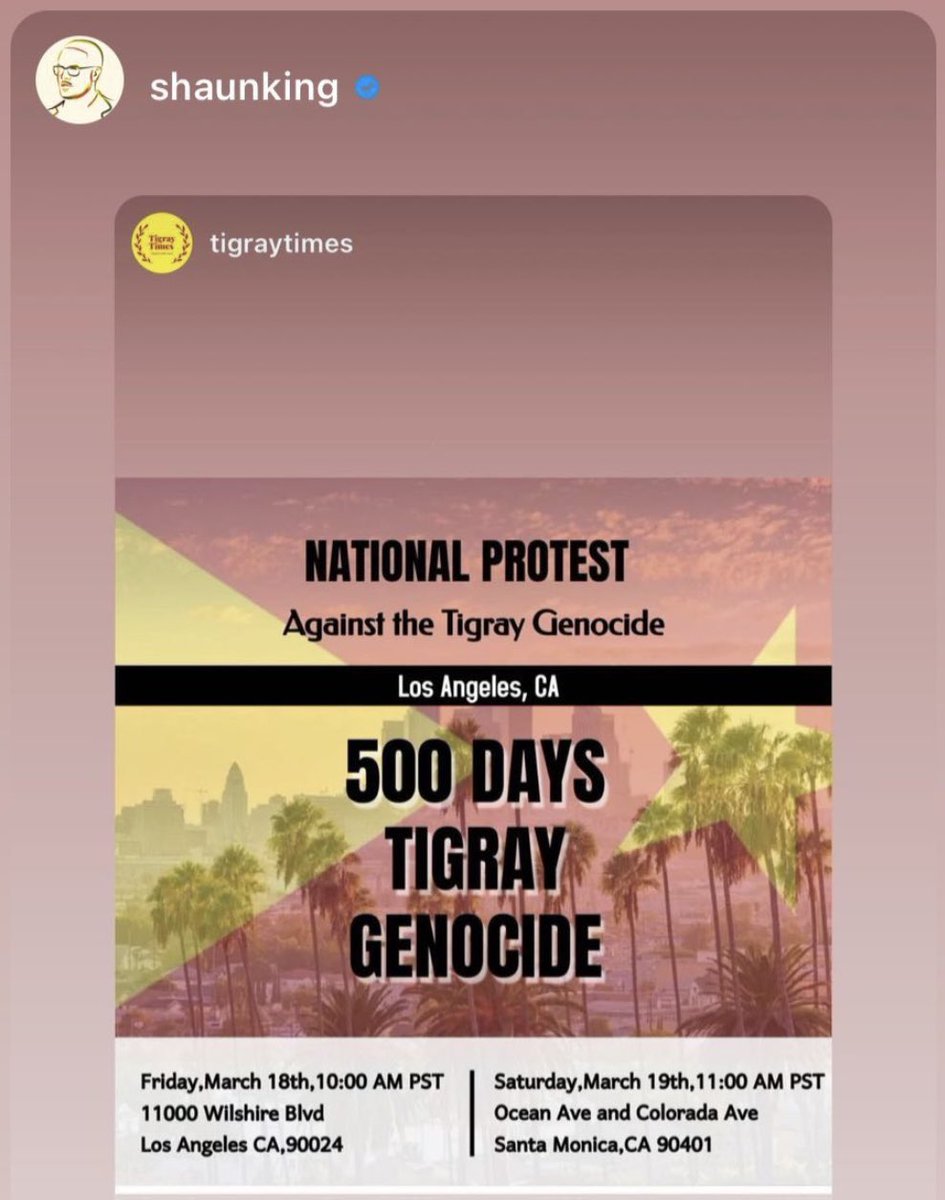 Thank you <a href="/shaunking/">Shaun King</a> for using your platform to stand on the right side of humanity. With 50% of the population in #Tigray expected to die in one month, every voice matters. The upcoming national protest will mark 500 days since the start of this war, we hope to see you there.