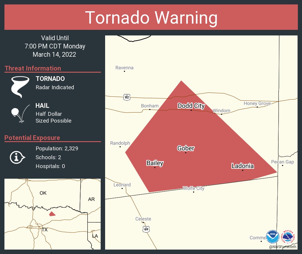 NWS Tornado on Twitter "Tornado Warning continues for Ladonia TX, Dodd City TX, Bailey TX until