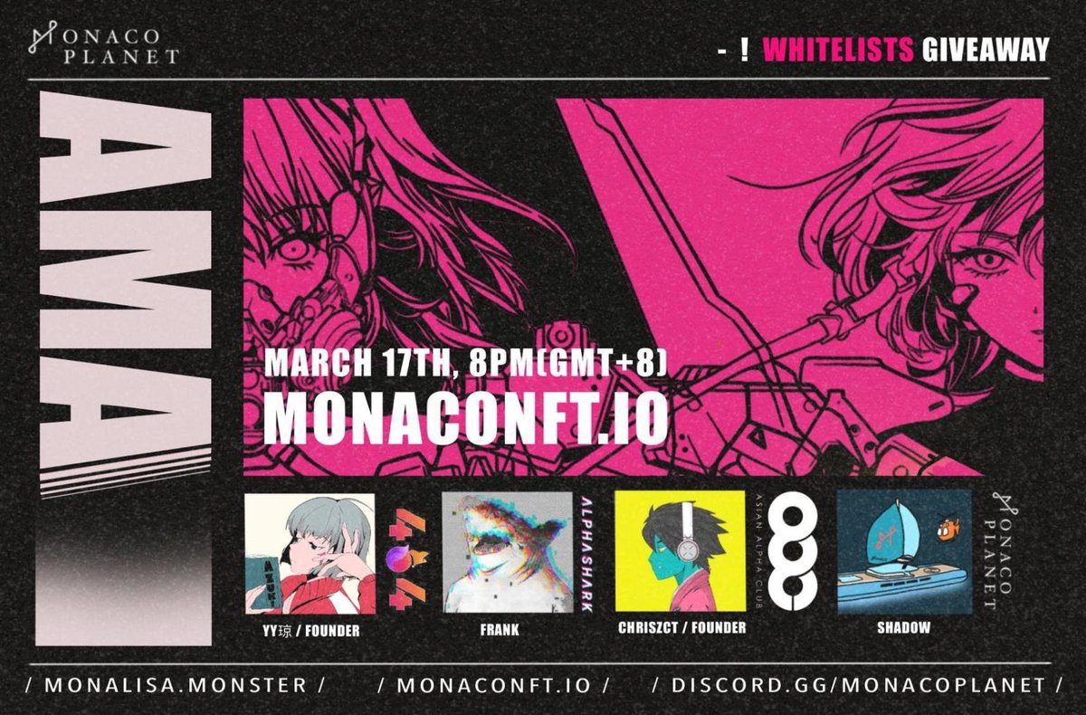 WL GIVEAWAY 
monaco NFT  x 5 WL spots
 
Tips:
 Follow <a href="/MonacoPlanet/">Monaco Planet</a> &amp; @AlphaSharkClub
 Like + RT
 Tag 3 friends
Join: discord.gg/winnersharkclub

Winners in 24 hours. Good luck everyone!

#NFTGiveaway #NFT #WLGiveaways #Giveaways #Whitelist #NFTCommunity