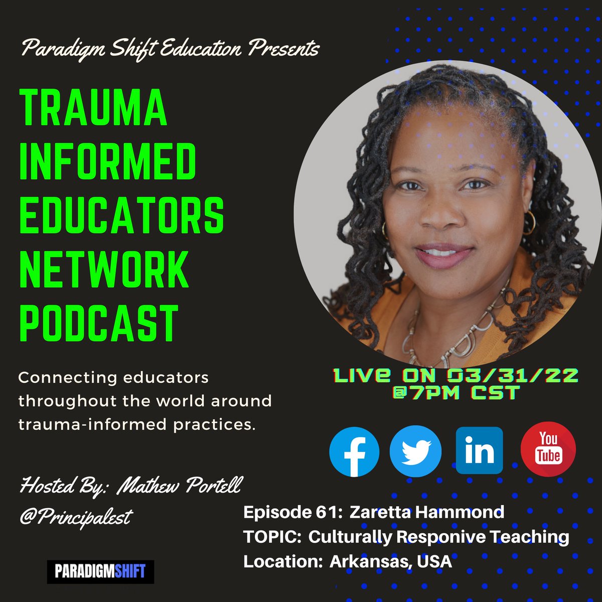 principalest's tweet photo. Save the date! @Ready4rigor and I will be talking on episode #61 of the Trauma Informed Educators Network Podcast! #traumainformed #TIENetworkCast #DisrupterUnite #ParadigmShiftEd #CulturallyReponsive #TIENetwork https://t.co/D69lno06Gv
