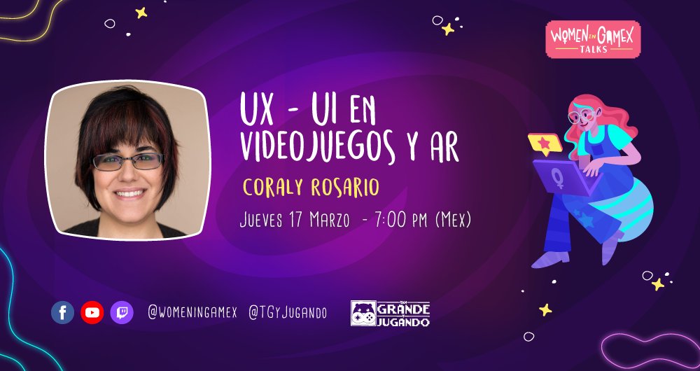 WomenInGamex's tweet photo. 🎮UX y UI en Videojuegos y AR con @corapiki 

✨Jueves 17 de Marzo 2022
⏰7:00pm 🇲🇽 (GMT-6)

📢https://t.co/r8JNknWB3A
📢https://t.co/h4Q6iJ3M44
📢https://t.co/Fti0oyvjaj

 ¡Te esperamos! 
#womeningamex #gamedev #gamedevs #mexico #wigxtalks https://t.co/Llfdrx5pLO